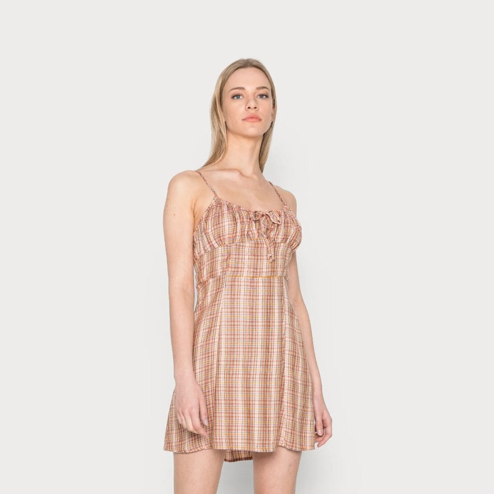 Urban Outfitters BDG Tie Front Mini Dress L 10 Women Casual Plaid Short NW 30096